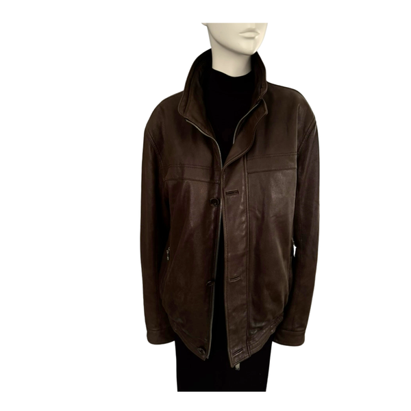 Funnel Neck Leather Bomber Jacket Brown Size XL - Vintage