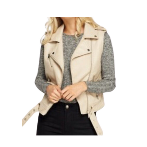 Faux Leather Biker Waiscoat Cream SIZE L