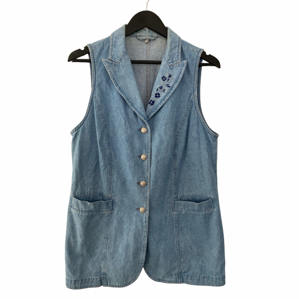 VINTAGE Long Denim Waistcoat Blue SIZE 16