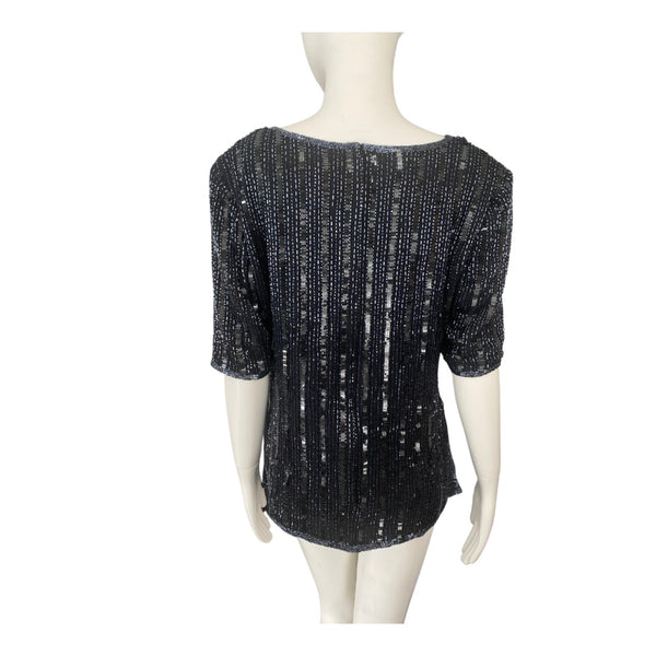 Short Sleeve Sequins Top Vintage Navy SIZE 14