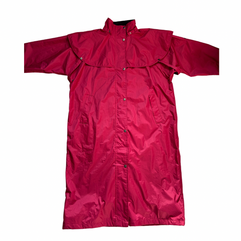 Greenbelt Countrywear pink waterproof full length Salsbury cape coat with cape overlay and tartan lining, size 20, laid flat