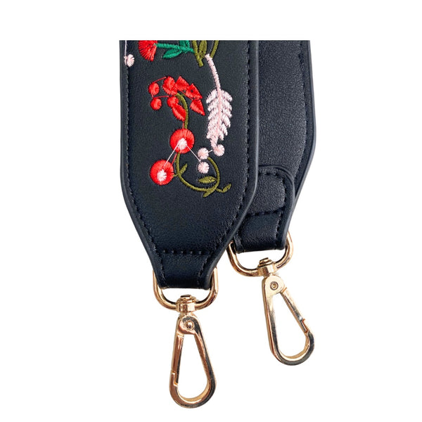 Embroidered Floral Guitar Handbag Strap Black Multicolour