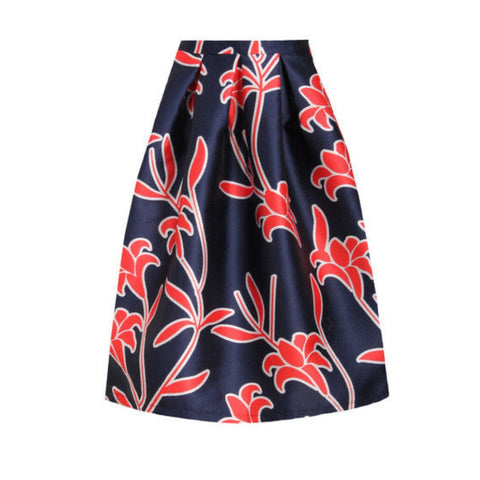 Floral A-Line  Midi Prom Skirt Red Navy