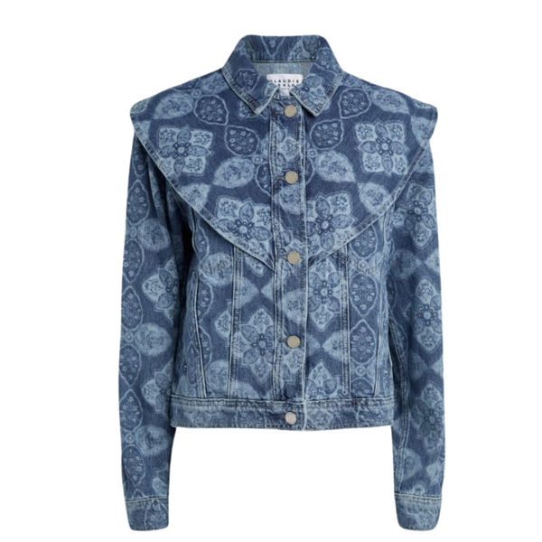 CLAUDIE PIERLOT Voyage Printed Denim Jacket Blue SIZE 14