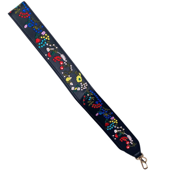 Embroidered Floral Guitar Handbag Strap Black Multicolour