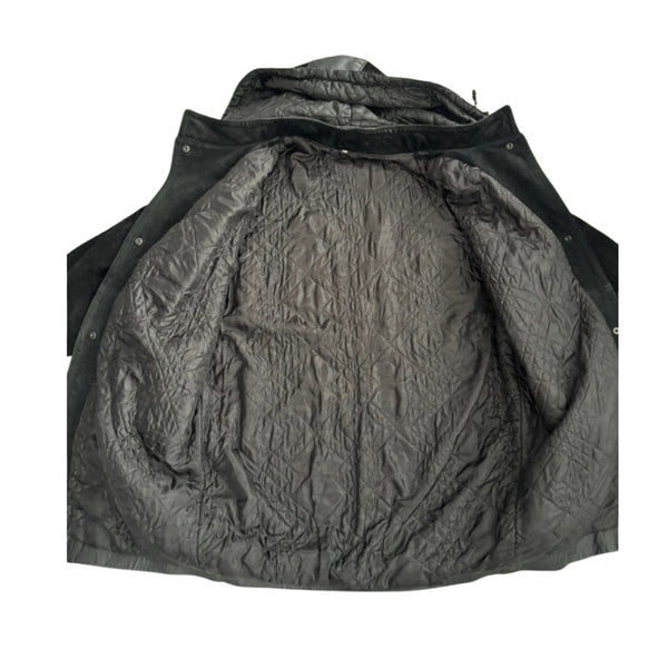 Contrast Panel Leather & Suede Hooded Coat Black Size L - Vintage