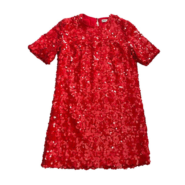 Zara Sequins T-Shirt Dress Red SIZE S