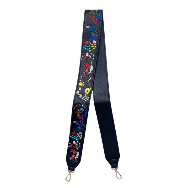 Embroidered Floral Guitar Handbag Strap Black Multicolour