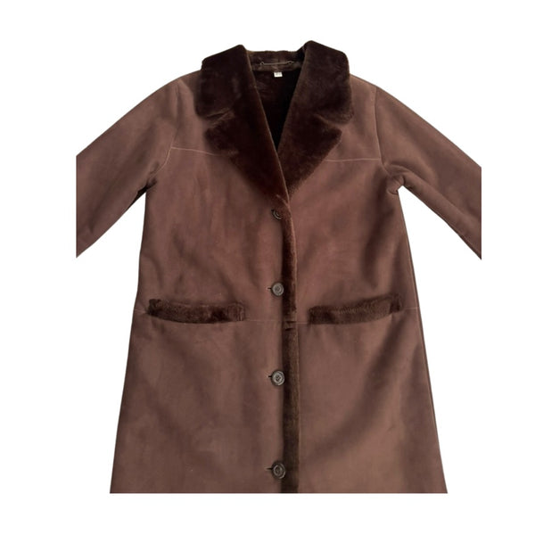 Faux Sheepskin Long Coat Brown Size 14 - New