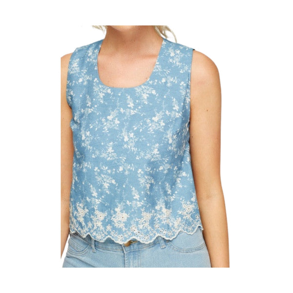 Soft Denim Floral Print Top Blue