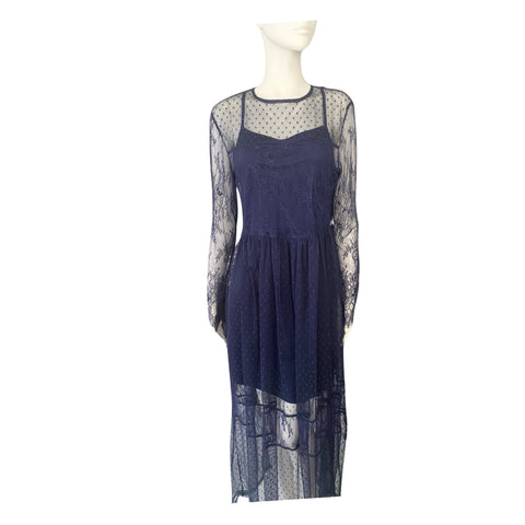 Sheer Lace Polka Dot Maxi Dress Navy SIZE 14