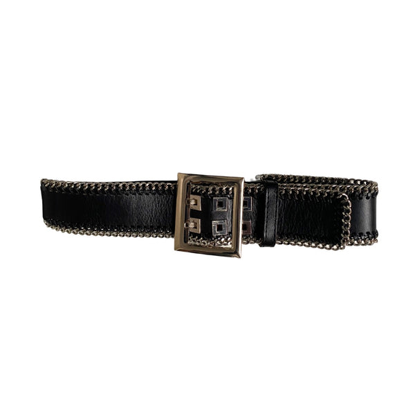 Chain Trim Leather Stretch Belt Black