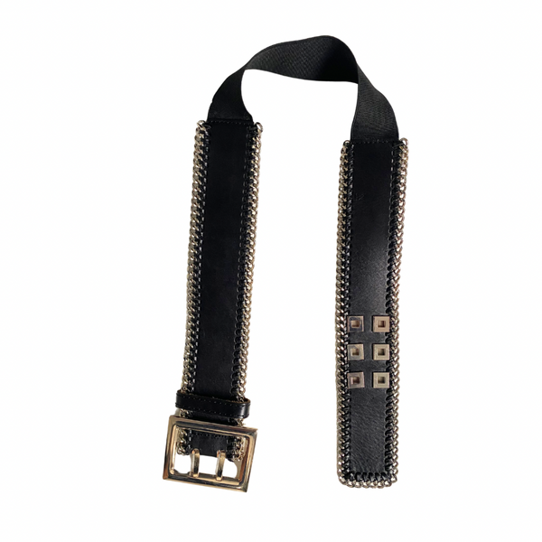 Chain Trim Leather Stretch Belt Black