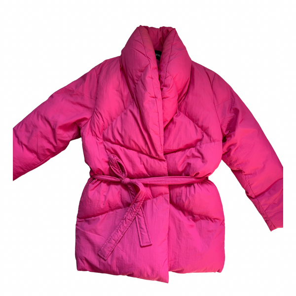 Boohoo hot pink belted puffer jacket with oversized collar, size 8, laid flat.