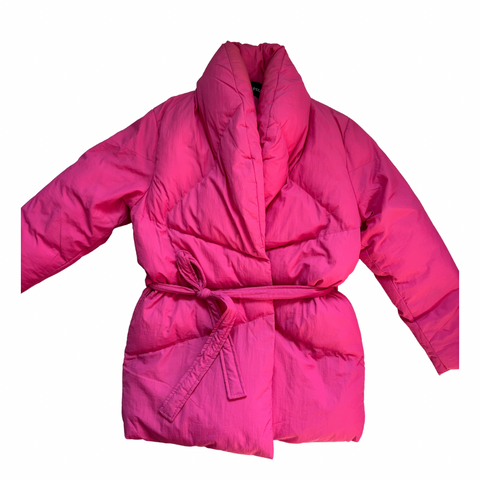 Boohoo hot pink belted puffer jacket with oversized collar, size 8, laid flat.