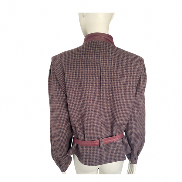80s Check Contrast Wool Leather Jacket Burgundy SIZE 12 - Vintage
