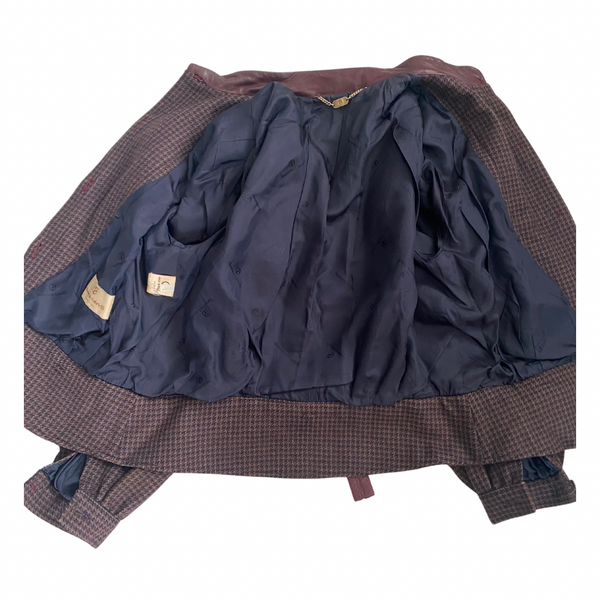 80s Check Contrast Wool Leather Jacket Burgundy SIZE 12 - Vintage