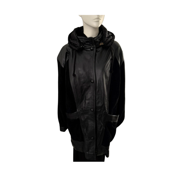 Contrast Panel Leather & Suede Hooded Coat Black Size L - Vintage