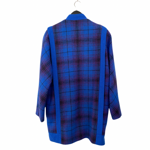 VINTAGE 80s Wool Check Coat Blue SIZE S