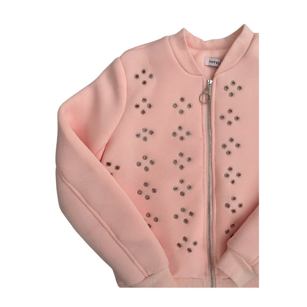 Studded Eyelet Quilted Bomber Jacket Pink SIZE M