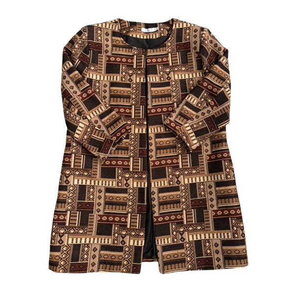 Aztec Print Jacquard Coat Brown Size 14 - New