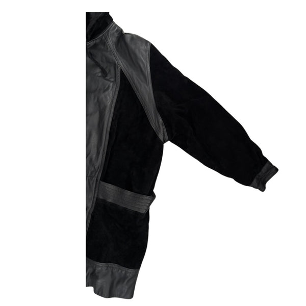 Contrast Panel Leather & Suede Hooded Coat Black Size L - Vintage