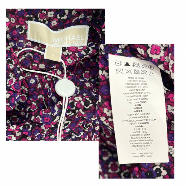MICHAEL KORS Purple Chiffon Floral Ruffle Tie Neck Blouse Size L – New