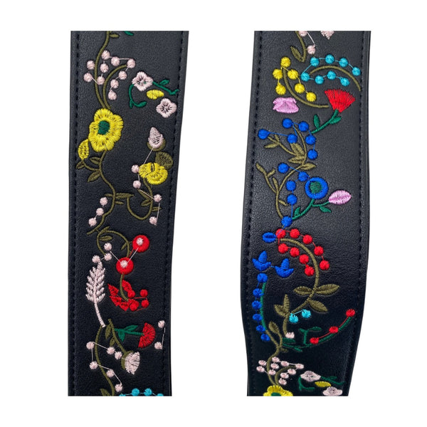 Embroidered Floral Guitar Handbag Strap Black Multicolour