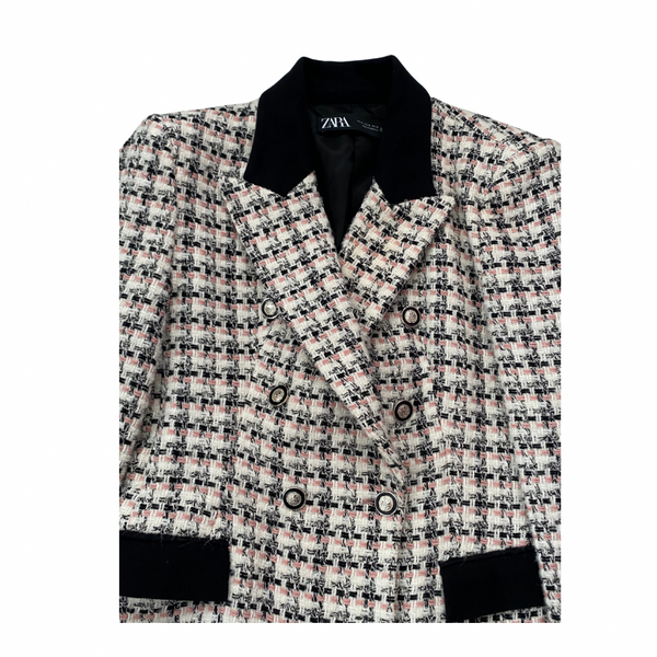 ZARA– Checked Tweed Double-Breasted Jacket White Black Size XL – Preloved
