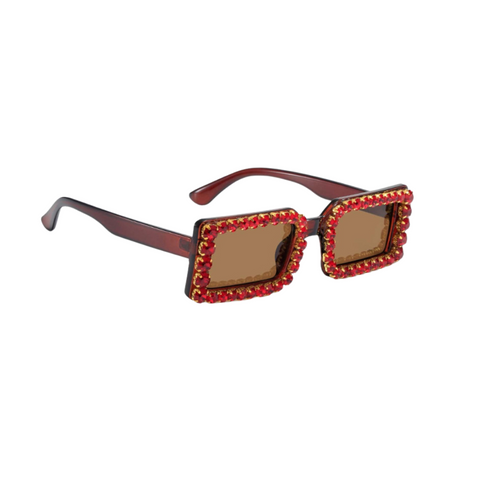 Rhinestone Retro Rectangle Sunglasses Red