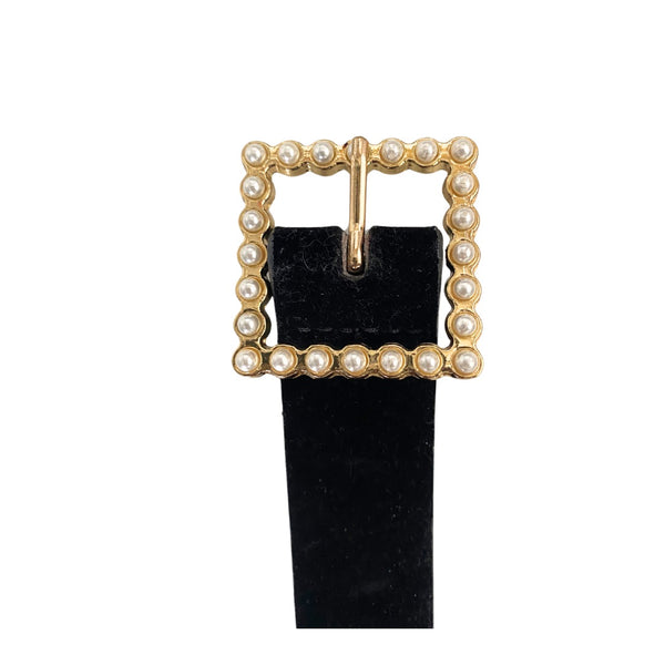 Pearl Buckle Velvet Belt Black