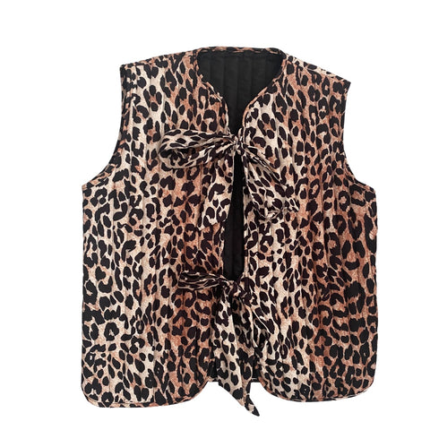 Tie Front Leopard Print Quilted Waistcoat SIZE M