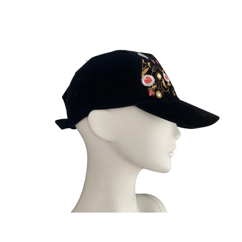 Velour Floral Embroidered Cap Black