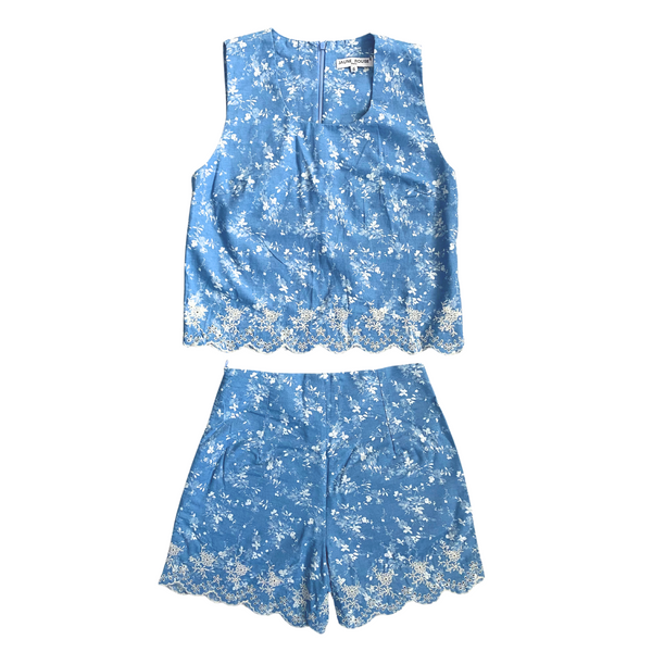 Soft Denim Floral Print Shorts Blue