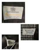Collage of labels from a garment with Aquascutum and Scottish Tweed branding.