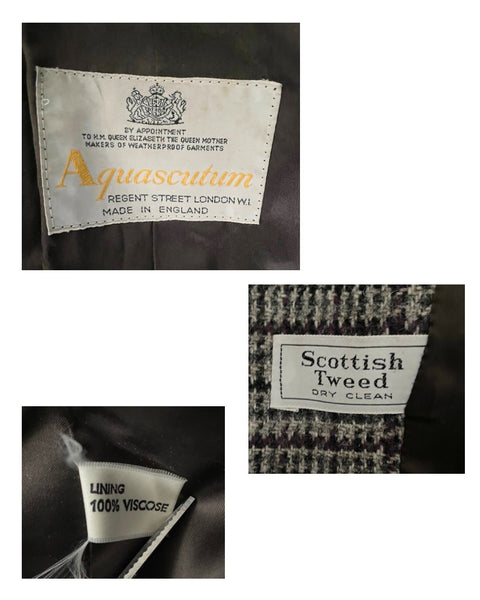 Collage of labels from a garment with Aquascutum and Scottish Tweed branding.