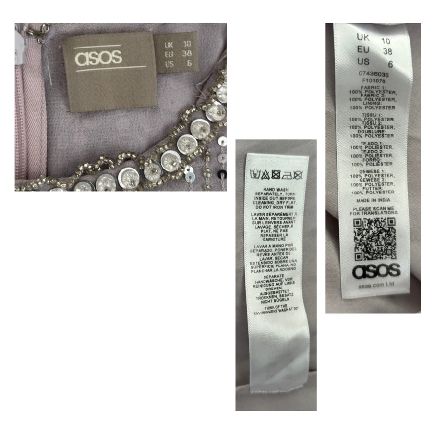 Close-up of ASOS clothing labels on a garment with a white background