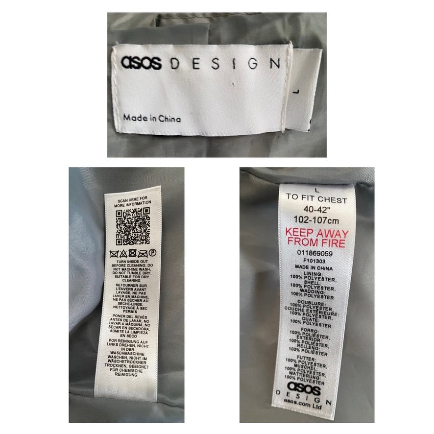 OSOS Design clothing label with size and care instructions on a gray background