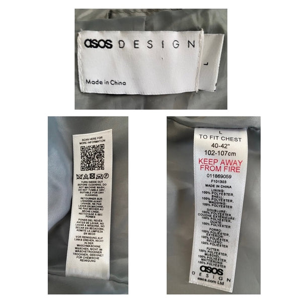 OSOS Design clothing label with size and care instructions on a gray background
