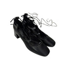 Pair of black tap shoes on a white background