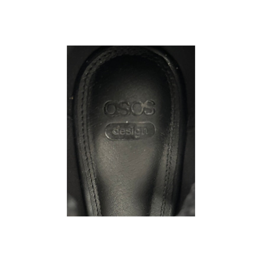 Close-up of a black sandal sole with 'ASOS design' branding.