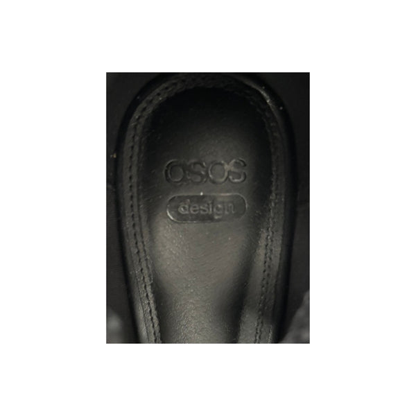 Close-up of a black sandal sole with 'ASOS design' branding.