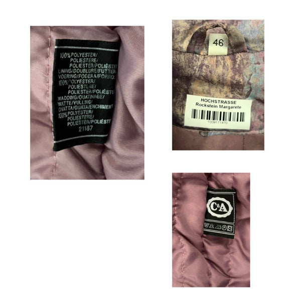 Close-up of fabric labels on a garment with text and brand logos.