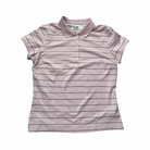 Adidas Golf pink striped Climalite short-sleeve polo shirt with collar and button placket.