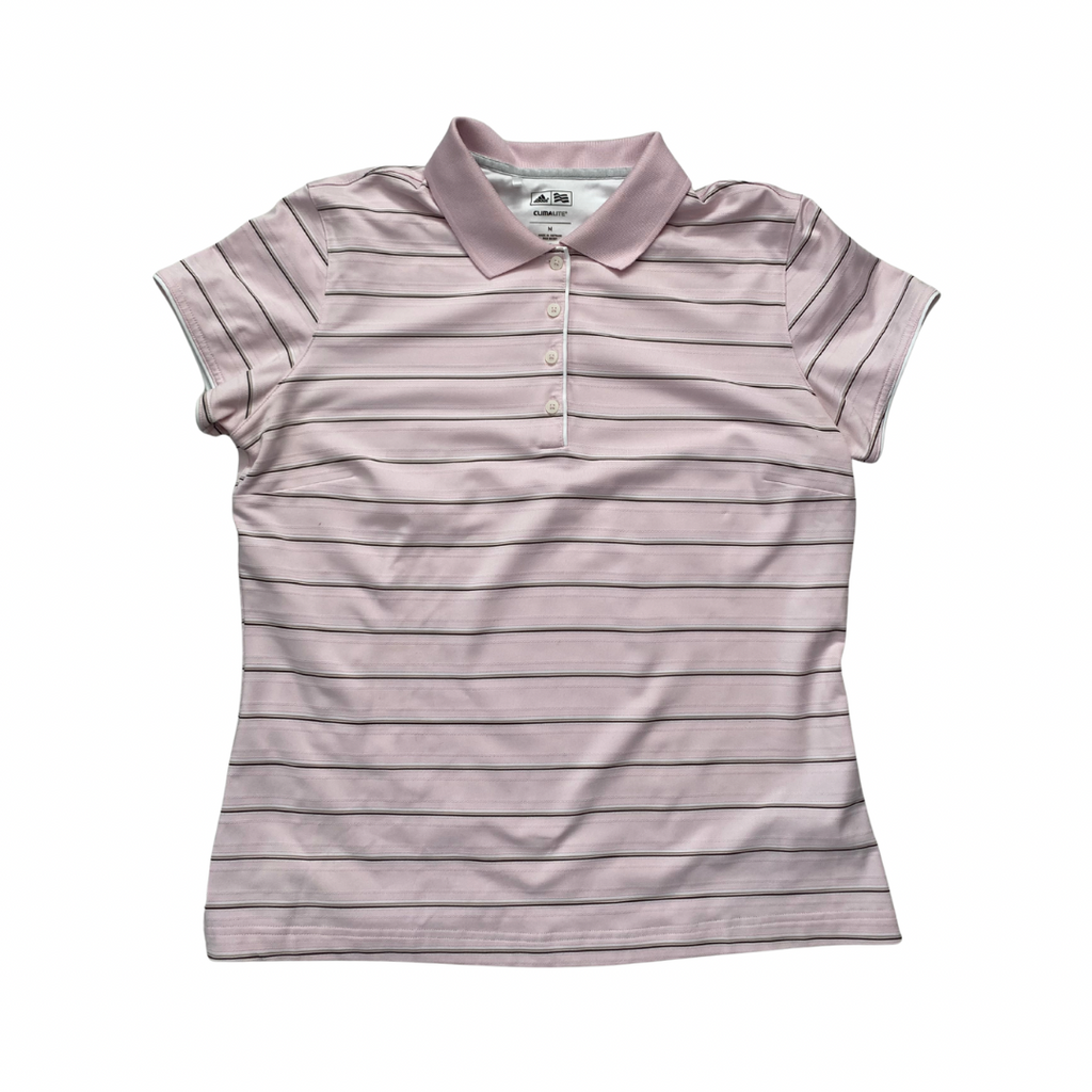 Adidas Golf pink striped Climalite short-sleeve polo shirt with collar and button placket.