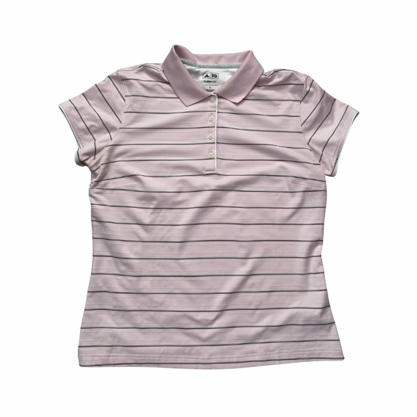Adidas Golf pink striped Climalite short-sleeve polo shirt with collar and button placket.