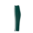 Green track pants with white stripes on a white background