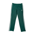 Green track pants with white stripes on a white background