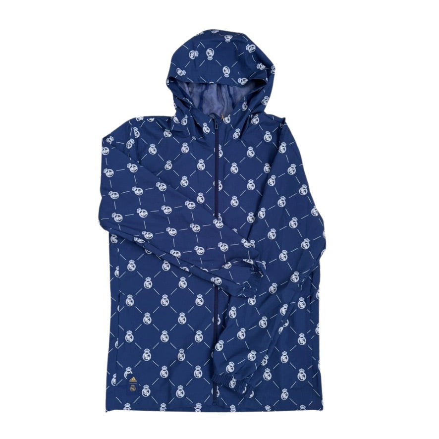 Blue raincoat with white patterns on a white background