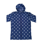 Blue raincoat with white pattern on a white background